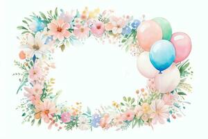 Watercolor Wedding or Birthday Greetings Card Background with Ballons and Flowers photo