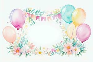 Watercolor Wedding or Birthday Greetings Card Background with Ballons and Flowers photo