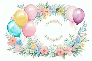 Watercolor Wedding or Birthday Greetings Card Background with Ballons and Flowers photo