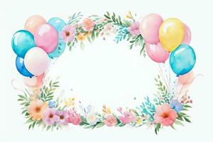 Watercolor Wedding or Birthday Greetings Card Background with Ballons and Flowers photo