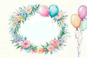 Watercolor Wedding or Birthday Greetings Card Background with Ballons and Flowers photo