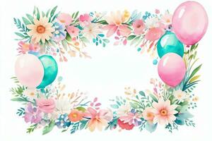 Watercolor Wedding or Birthday Greetings Card Background with Ballons and Flowers photo