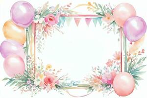 Watercolor Wedding or Birthday Greetings Card Background with Ballons and Flowers photo