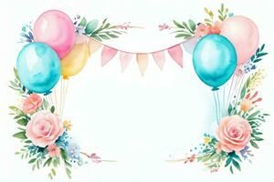 Watercolor Wedding or Birthday Greetings Card Background with Ballons and Flowers photo