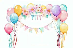 Watercolor Wedding or Birthday Greetings Card Background with Ballons and Flowers photo