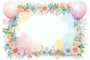 Watercolor Wedding or Birthday Greetings Card Background with Ballons and Flowers photo