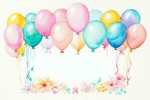 Watercolor Wedding or Birthday Greetings Card Background with Ballons and Flowers photo