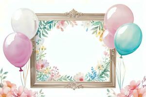 Watercolor Wedding or Birthday Greetings Card Background with Ballons and Flowers photo