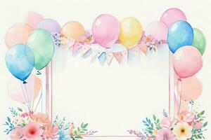 Watercolor Wedding or Birthday Greetings Card Background with Ballons and Flowers photo