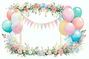 Watercolor Wedding or Birthday Greetings Card Background with Ballons and Flowers photo