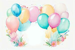 Watercolor Wedding or Birthday Greetings Card Background with Ballons and Flowers photo