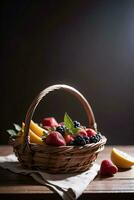 Studio Shot of the basket with berries and fruits on the table photo