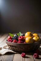 Studio Shot of the basket with berries and fruits on the table photo