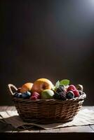 Studio Shot of the basket with berries and fruits on the table photo