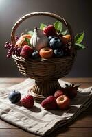 Studio Shot of the basket with berries and fruits on the table photo