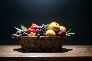 estudio Disparo de el cesta con bayas y frutas en el mesa foto