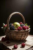 Studio Shot of the basket with berries and fruits on the table photo