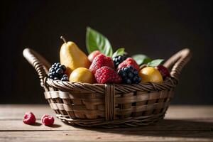 estudio Disparo de el cesta con bayas y frutas en el mesa foto