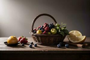 estudio Disparo de el cesta con bayas y frutas en el mesa foto