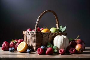 Studio Shot of the basket with berries and fruits on the table photo