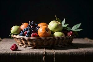 estudio Disparo de el cesta con bayas y frutas en el mesa foto