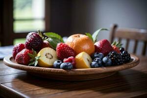 Studio Shot of the basket with berries and fruits on the table photo