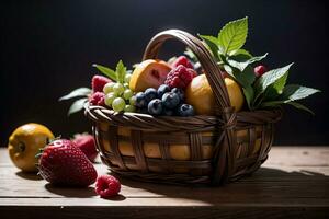 estudio Disparo de el cesta con bayas y frutas en el mesa foto