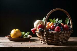 estudio Disparo de el cesta con bayas y frutas en el mesa foto