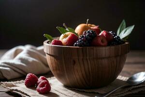 Studio Shot of the basket with berries and fruits on the table photo