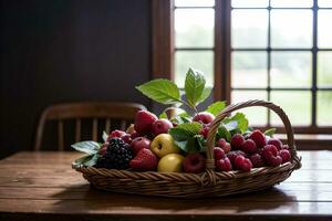 estudio Disparo de el cesta con bayas y frutas en el mesa foto