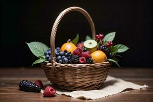 estudio Disparo de el cesta con bayas y frutas en el mesa foto