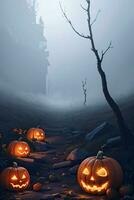 Halloween Cinematic Poster With Skull and Pumpkins Wallpaper photo