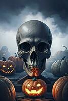 Halloween Cinematic Poster With Skull and Pumpkins Wallpaper photo