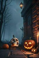 Halloween Cinematic Poster With Skull and Pumpkins Wallpaper photo