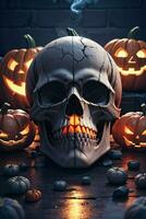 Halloween Cinematic Poster With Skull and Pumpkins Wallpaper photo