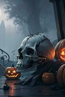 Halloween Cinematic Poster With Skull and Pumpkins Wallpaper photo