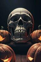 Halloween Cinematic Poster With Skull and Pumpkins Wallpaper photo