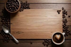 café frijoles en el de madera mesa bandera modelo foto