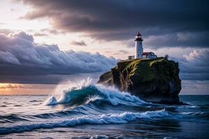 Photo of the Lighthouse and Stormy Sea Background Wallpaper