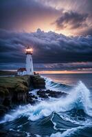 Photo of the Lighthouse and Stormy Sea Background Wallpaper