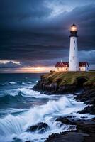 Photo of the Lighthouse and Stormy Sea Background Wallpaper