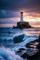 Photo of the Lighthouse and Stormy Sea Background Wallpaper