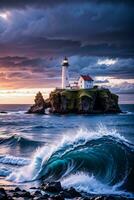 Photo of the Lighthouse and Stormy Sea Background Wallpaper