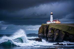 Photo of the Lighthouse and Stormy Sea Background Wallpaper