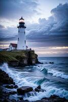 Photo of the Lighthouse and Stormy Sea Background Wallpaper