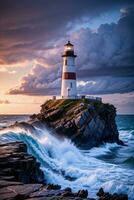 Photo of the Lighthouse and Stormy Sea Background Wallpaper