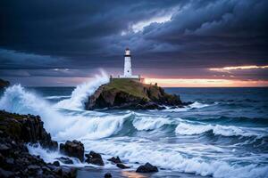 Photo of the Lighthouse and Stormy Sea Background Wallpaper