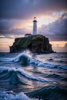 Photo of the Lighthouse and Stormy Sea Background Wallpaper