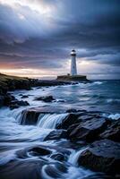 Photo of the Lighthouse and Stormy Sea Background Wallpaper