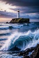 Photo of the Lighthouse and Stormy Sea Background Wallpaper